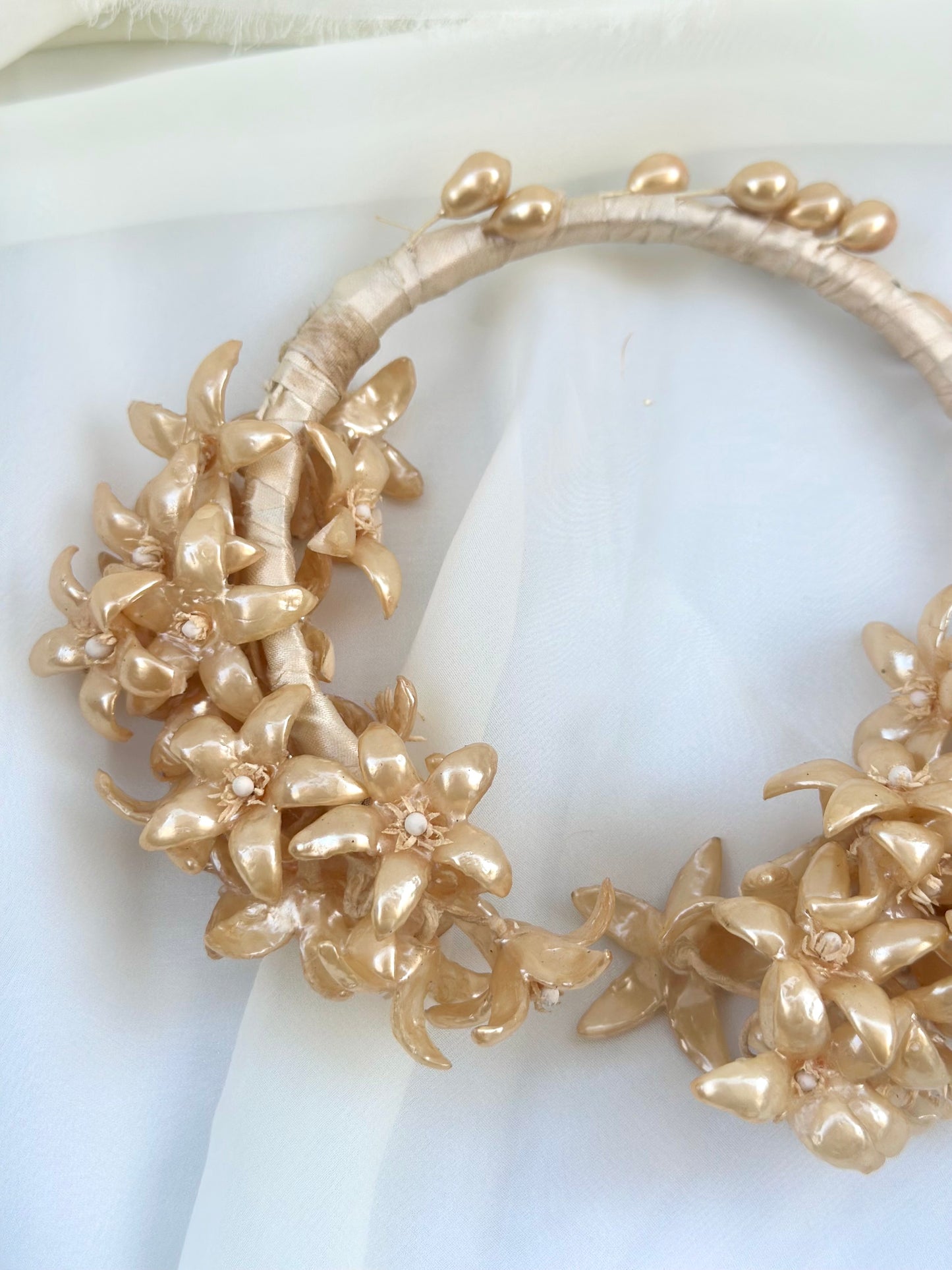 Antique Edwardian Bridal Head Piece with Pearlescent Wax Flowers and a Silk Wrapped Head Band