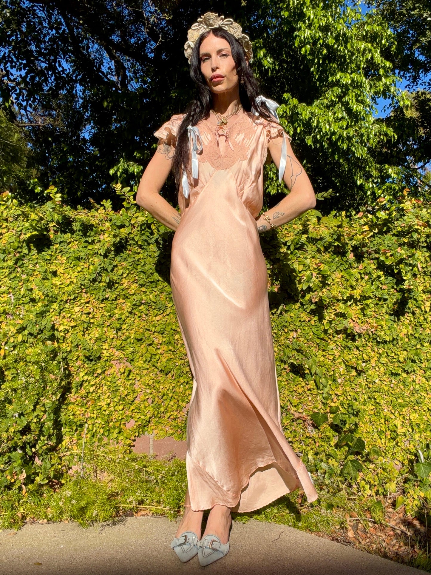 Antique late 1930’s / Early 1940’s Silk Satin Peachy Pink Slip Dress With Lace Inserts and Flutter Shoulder Sleeves