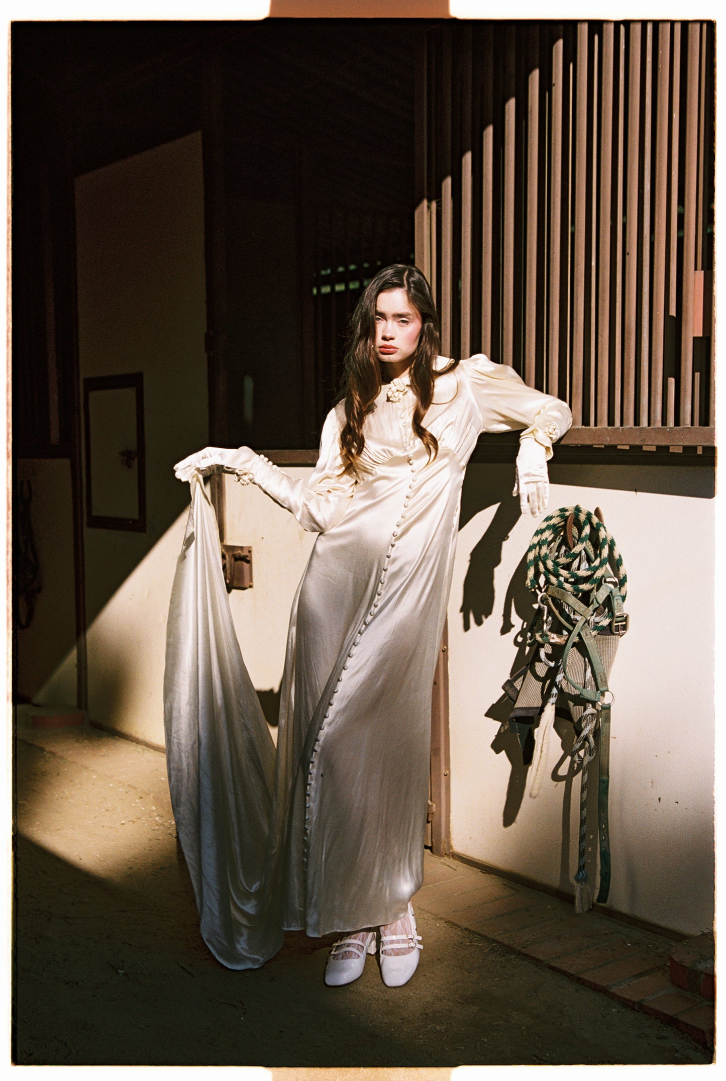 Timeless Antique 1930’s Warm Ivory Liquid Silk Charmeuse Wedding Gown with Sculptural Flower Details and Cathedral Train