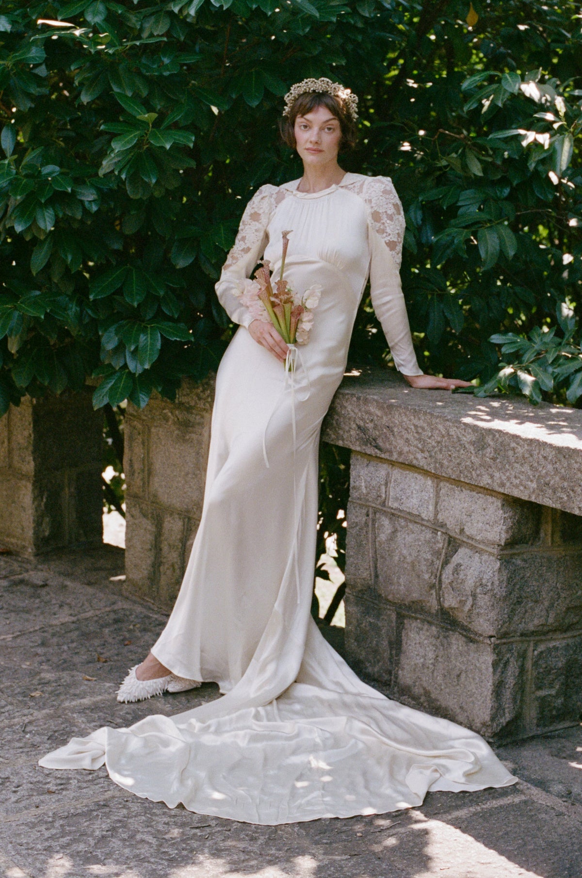 Heavenly Antique 1930’s Liquid Silk Charmeuse Wedding Gown with a Stunning Cathedral Train  Alencon Lace Shoulder and Collar Detail