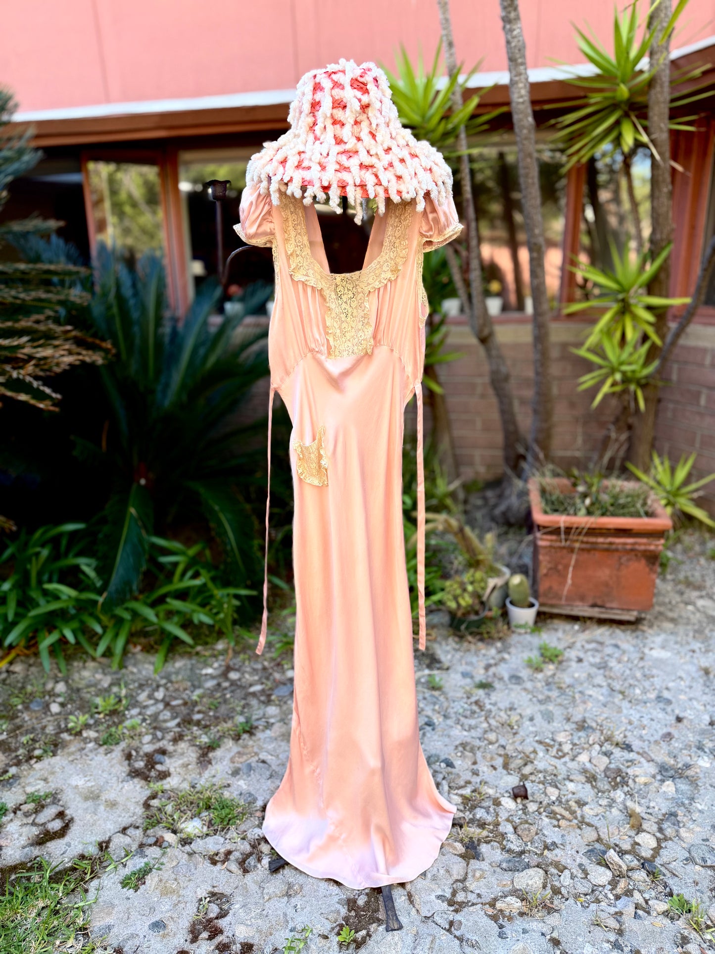 Stunning Antique 1930’s Cherry Blossom Pink Bias Cut Silk Slip Dress with Unique Lace Detail