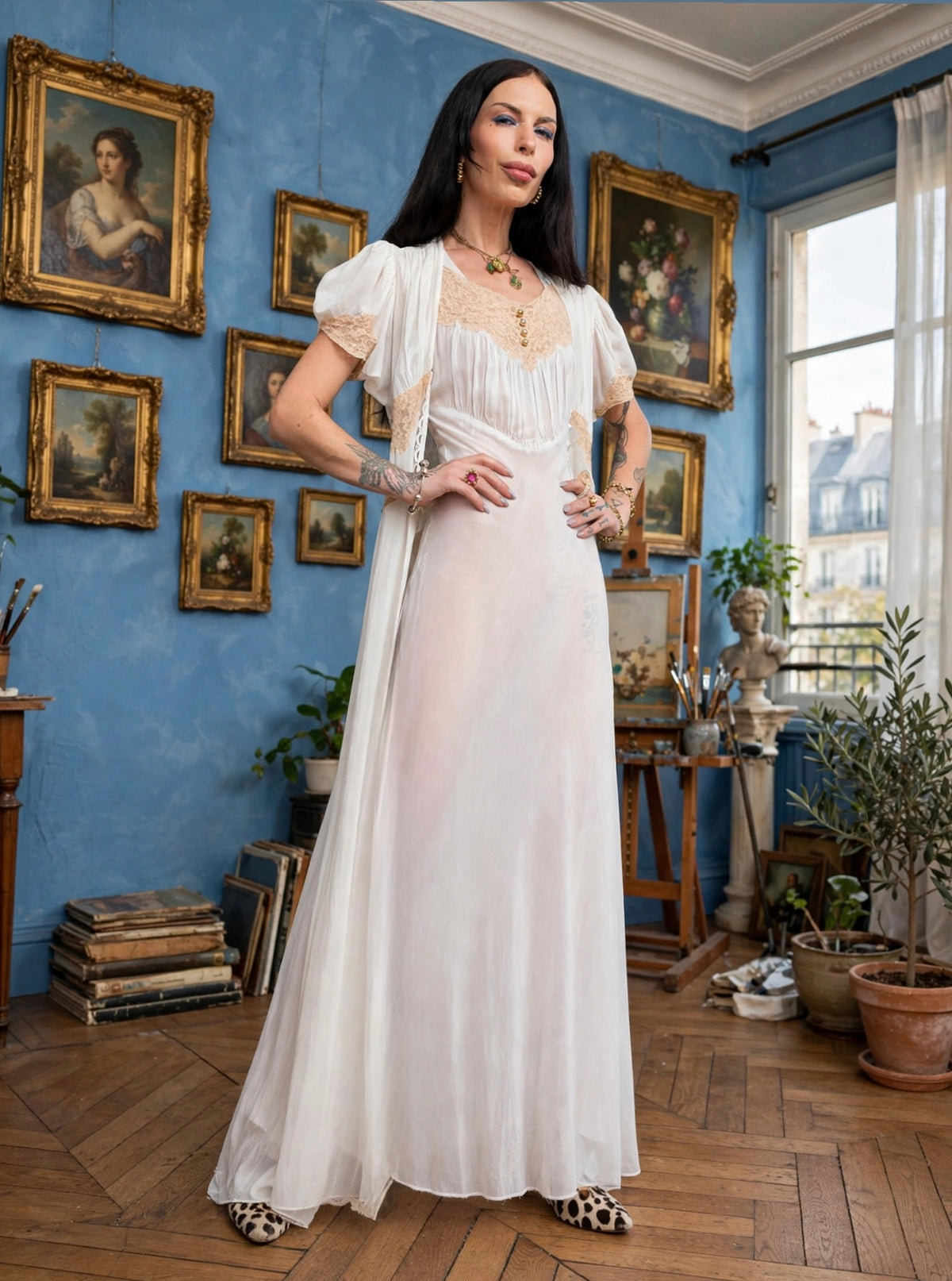 Angelic Bridal Vintage 1940’s Chiffon Dressing Gown and Slip Dress 2-Piece Set in Egg Shell White Adorned with Alencon Lace Details in a Cream Hue