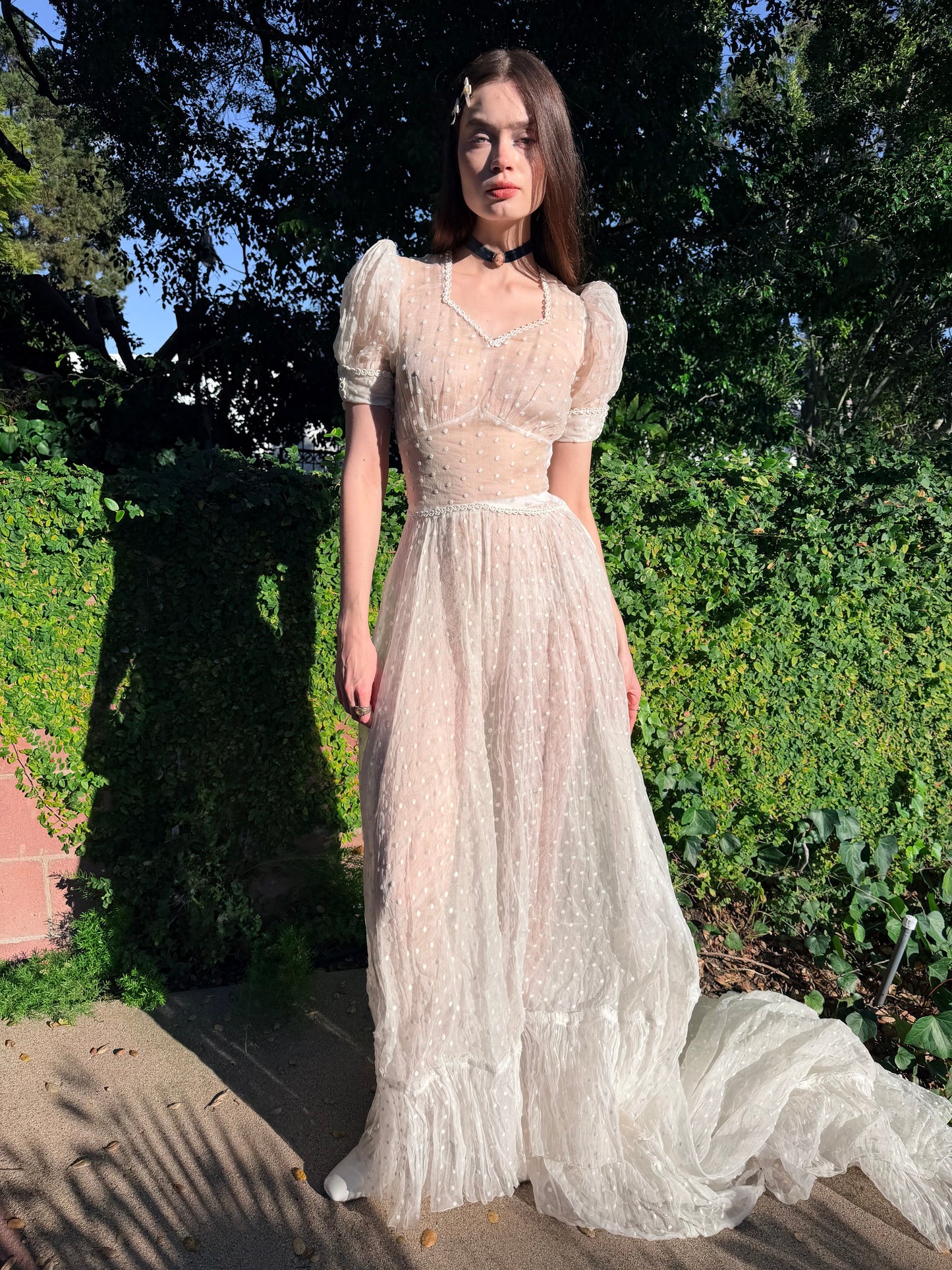 Sensational Ultra Rare Antique 1930’s Silk Organdy Swiss Dot Bone White Wedding Gown with an 80” Cathedral Train