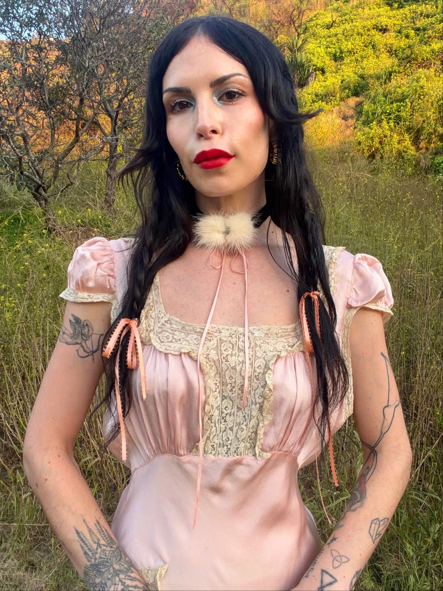 Stunning Antique 1930’s Cherry Blossom Pink Bias Cut Silk Slip Dress with Unique Lace Detail