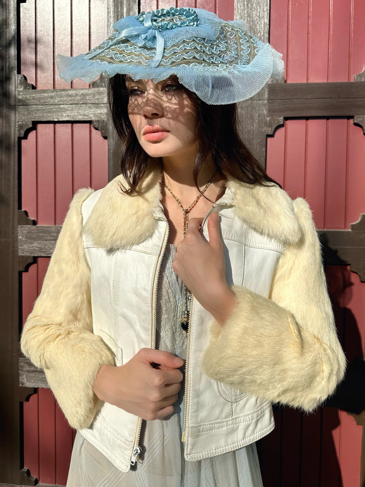 Rare Vintage 1970’s White Leather Jacket with Cream Tone Rabbit Fur Collar and Sleeves - Size XS + S