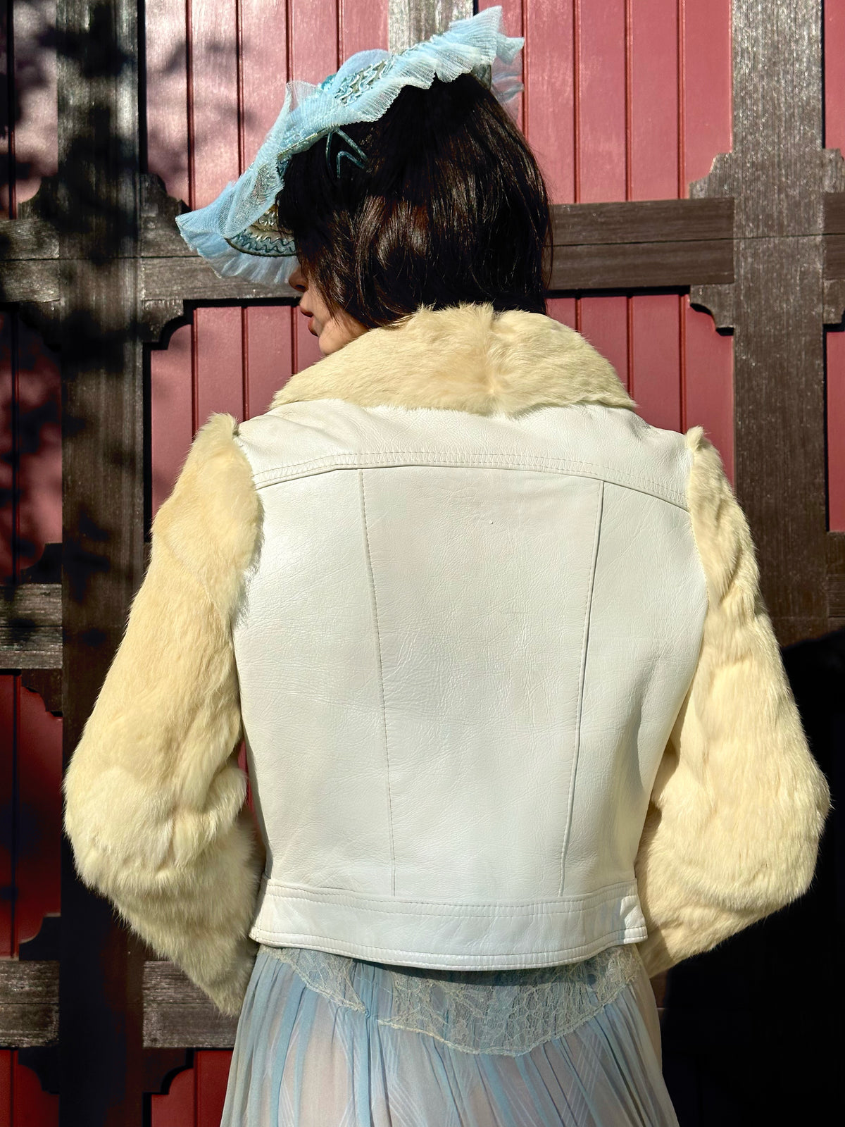 Rare Vintage 1970’s White Leather Jacket with Cream Tone Rabbit Fur Collar and Sleeves - Size XS + S