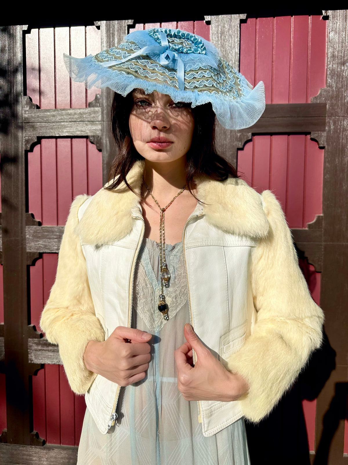 Rare Vintage 1970’s White Leather Jacket with Cream Tone Rabbit Fur Collar and Sleeves - Size XS + S