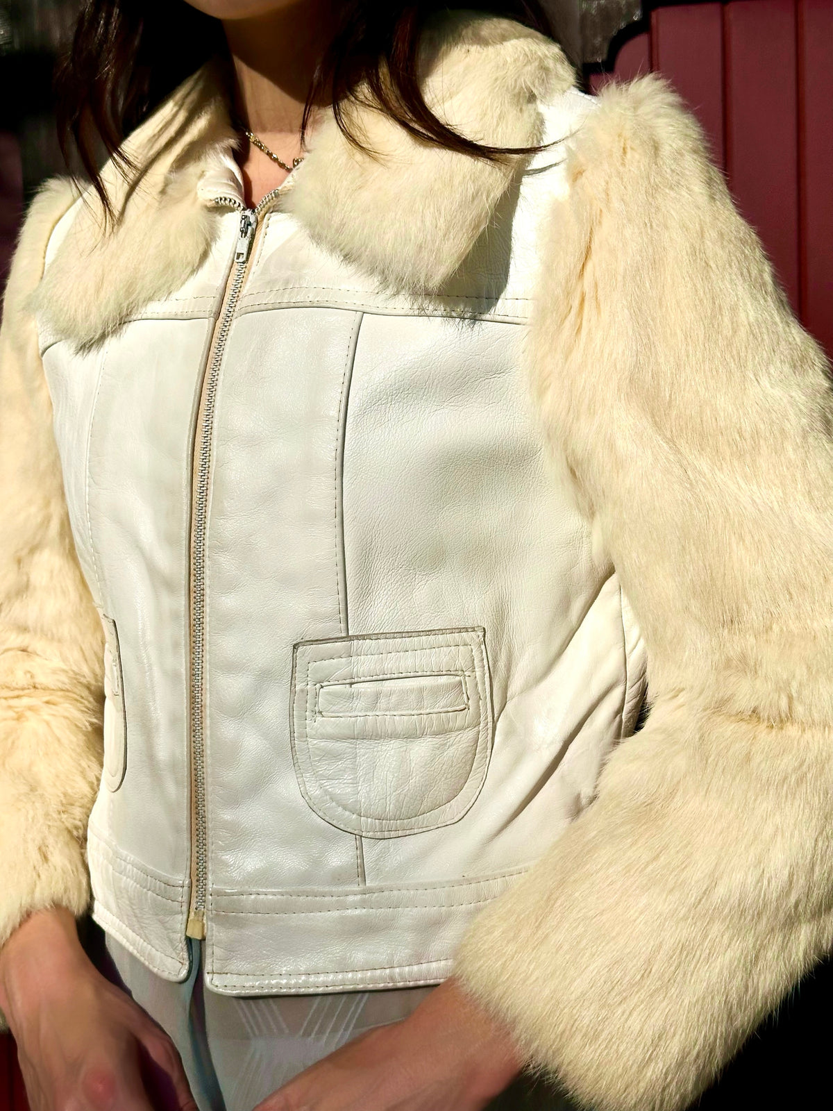Rare Vintage 1970’s White Leather Jacket with Cream Tone Rabbit Fur Collar and Sleeves - Size XS + S