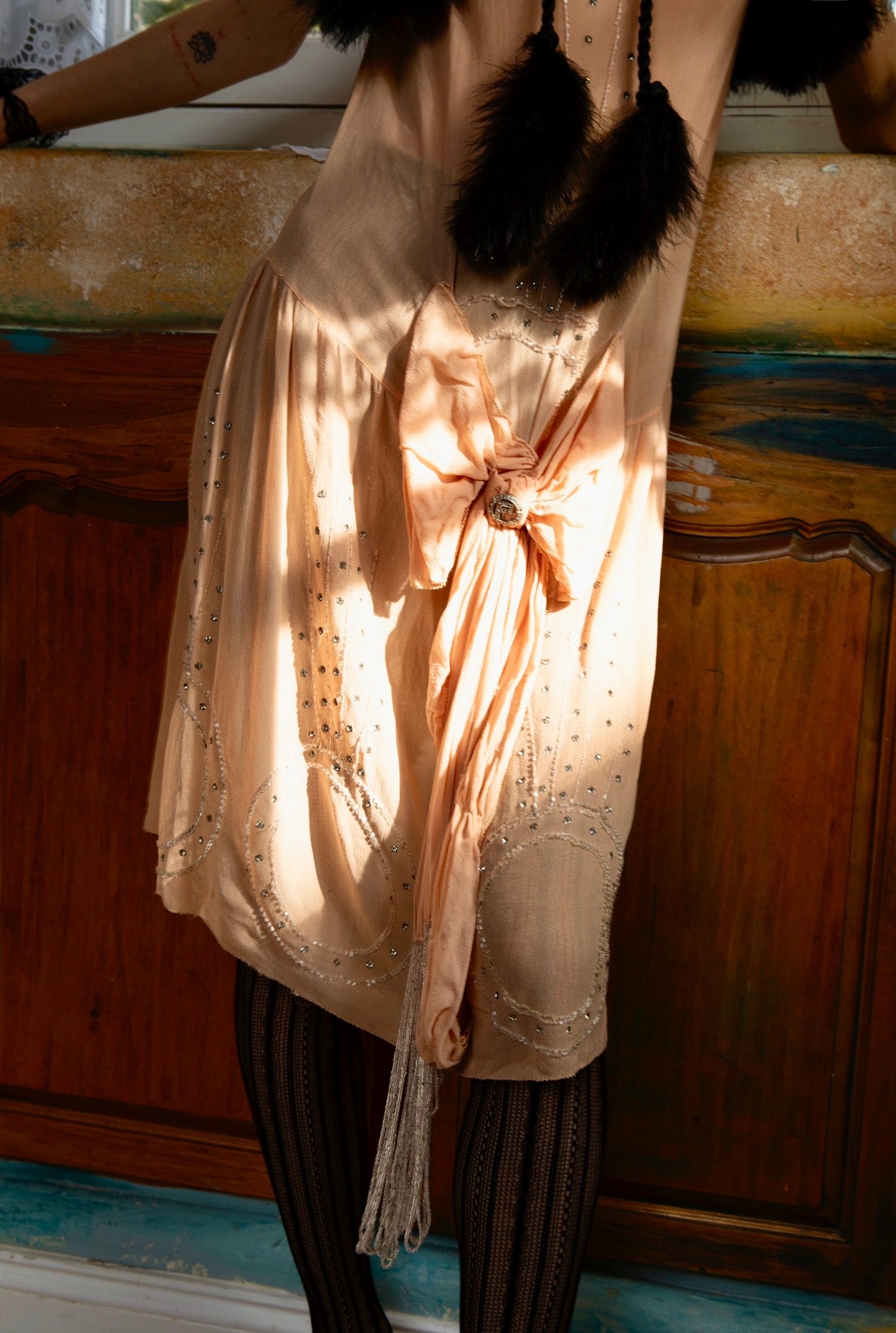 Rare, Angelic, Art Deco Antique 1920’s Silk Chiffon Dress in Peachy Pink Glass Rhinestones and Silver Microbead Tassles