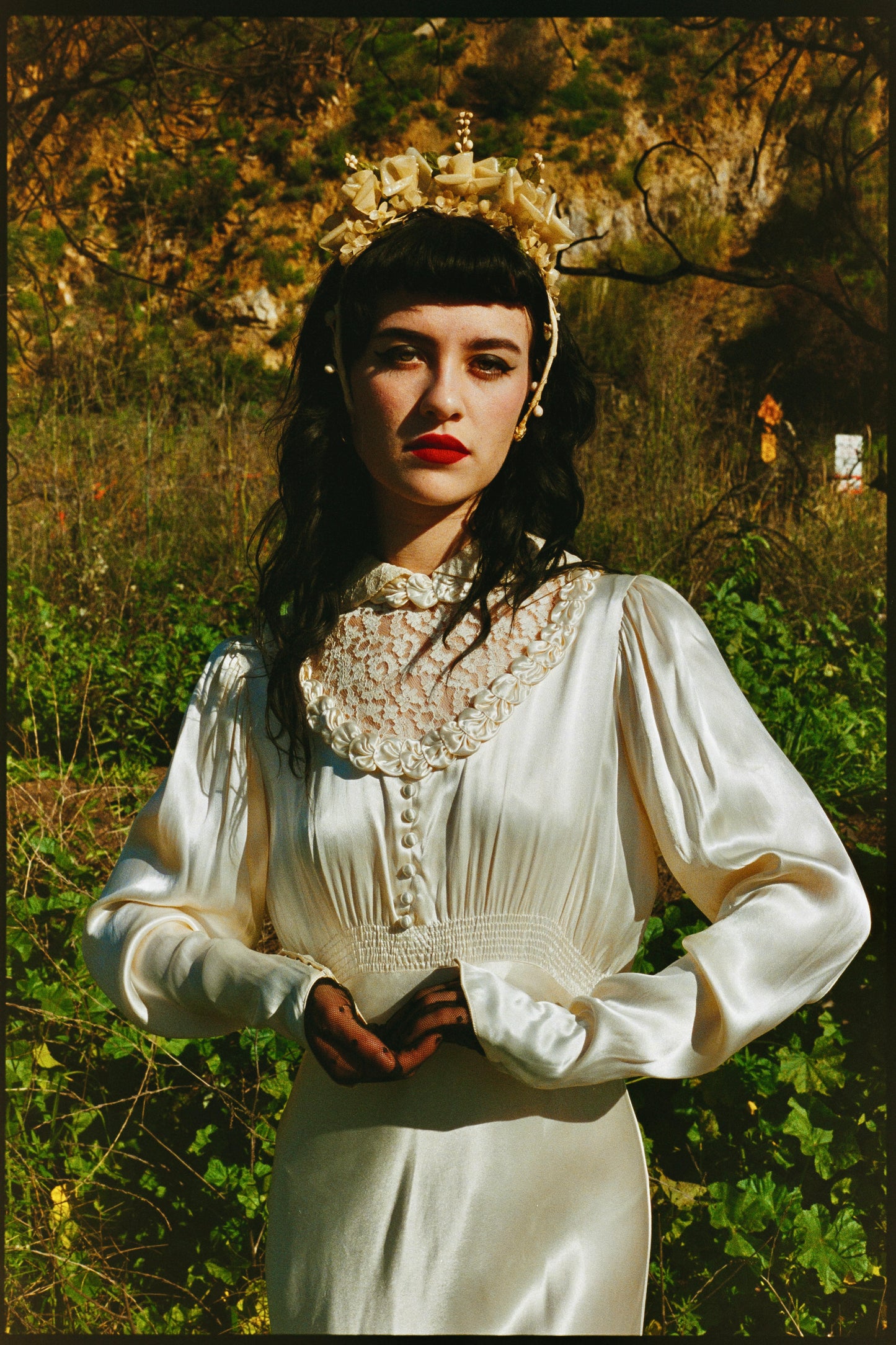 Romantic Antique 1930's Bias Cut Charmeuse Satin Wedding Gown in Candlelight with Rosette Details