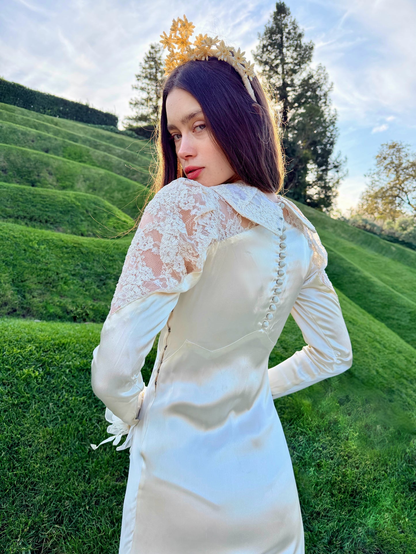 Heavenly Antique 1930’s Liquid Silk Charmeuse Wedding Gown with a Stunning Cathedral Train  Alencon Lace Shoulder and Collar Detail