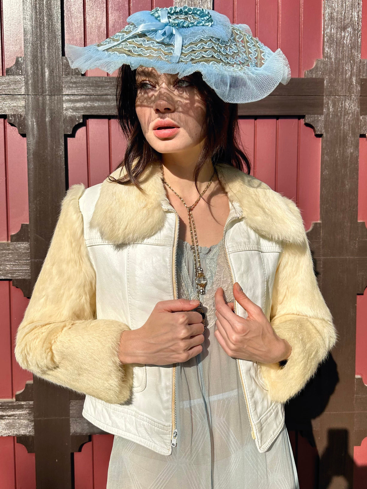 Rare Vintage 1970’s White Leather Jacket with Cream Tone Rabbit Fur Collar and Sleeves - Size XS + S
