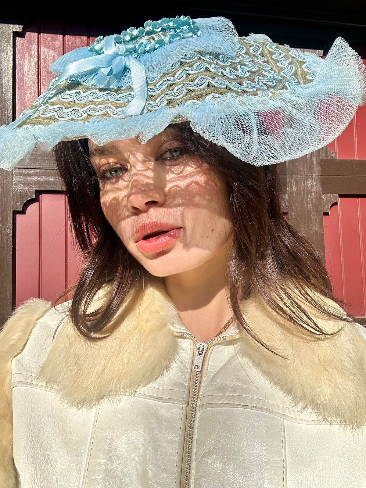 Rare Vintage 1970’s White Leather Jacket with Cream Tone Rabbit Fur Collar and Sleeves - Size XS + S