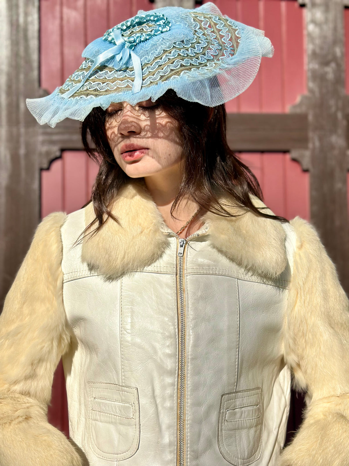 Rare Vintage 1970’s White Leather Jacket with Cream Tone Rabbit Fur Collar and Sleeves - Size XS + S