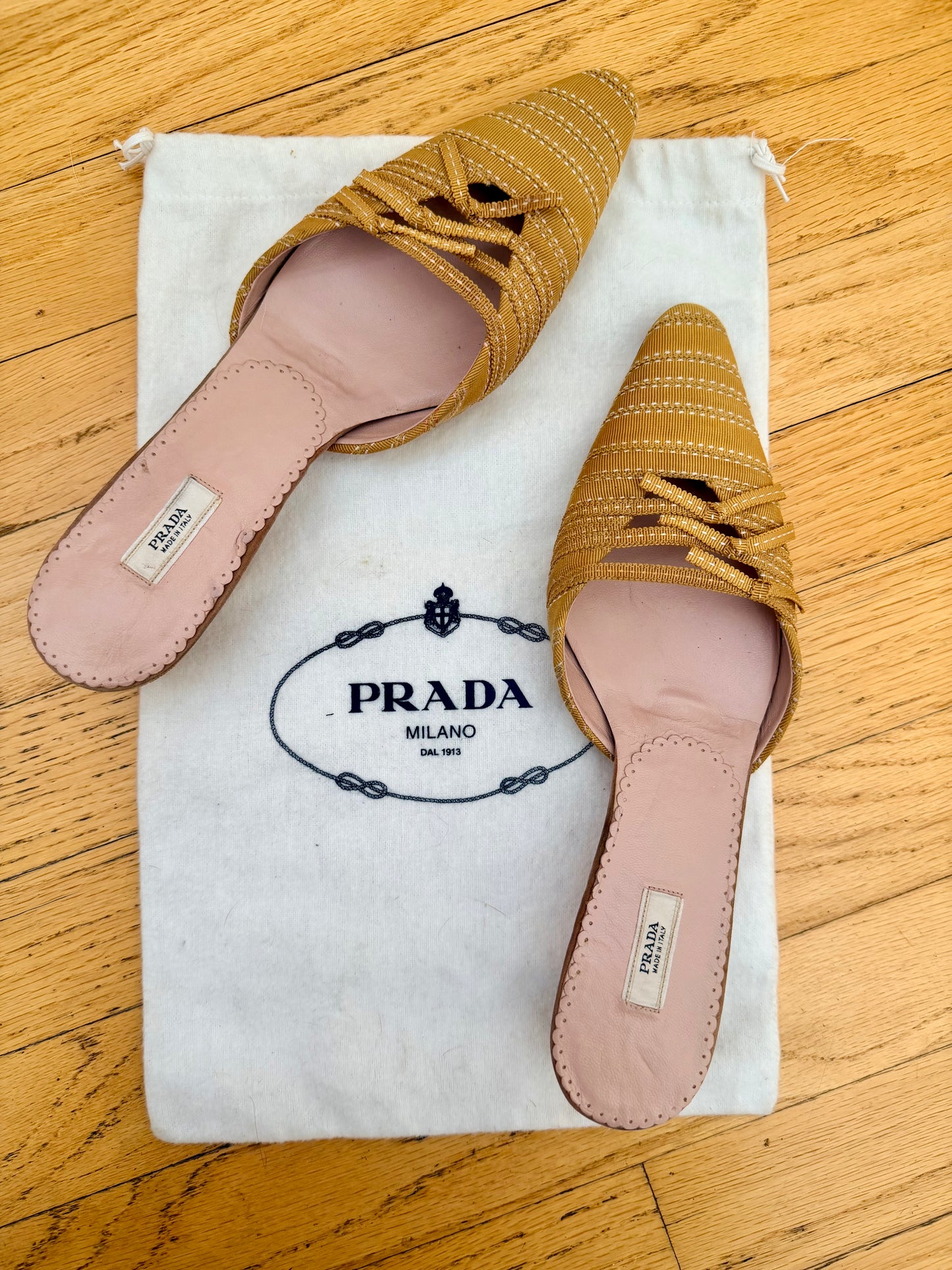 Vintage Prada Mustard Yellow Mules with Darling Bow Details Sz 7.5
