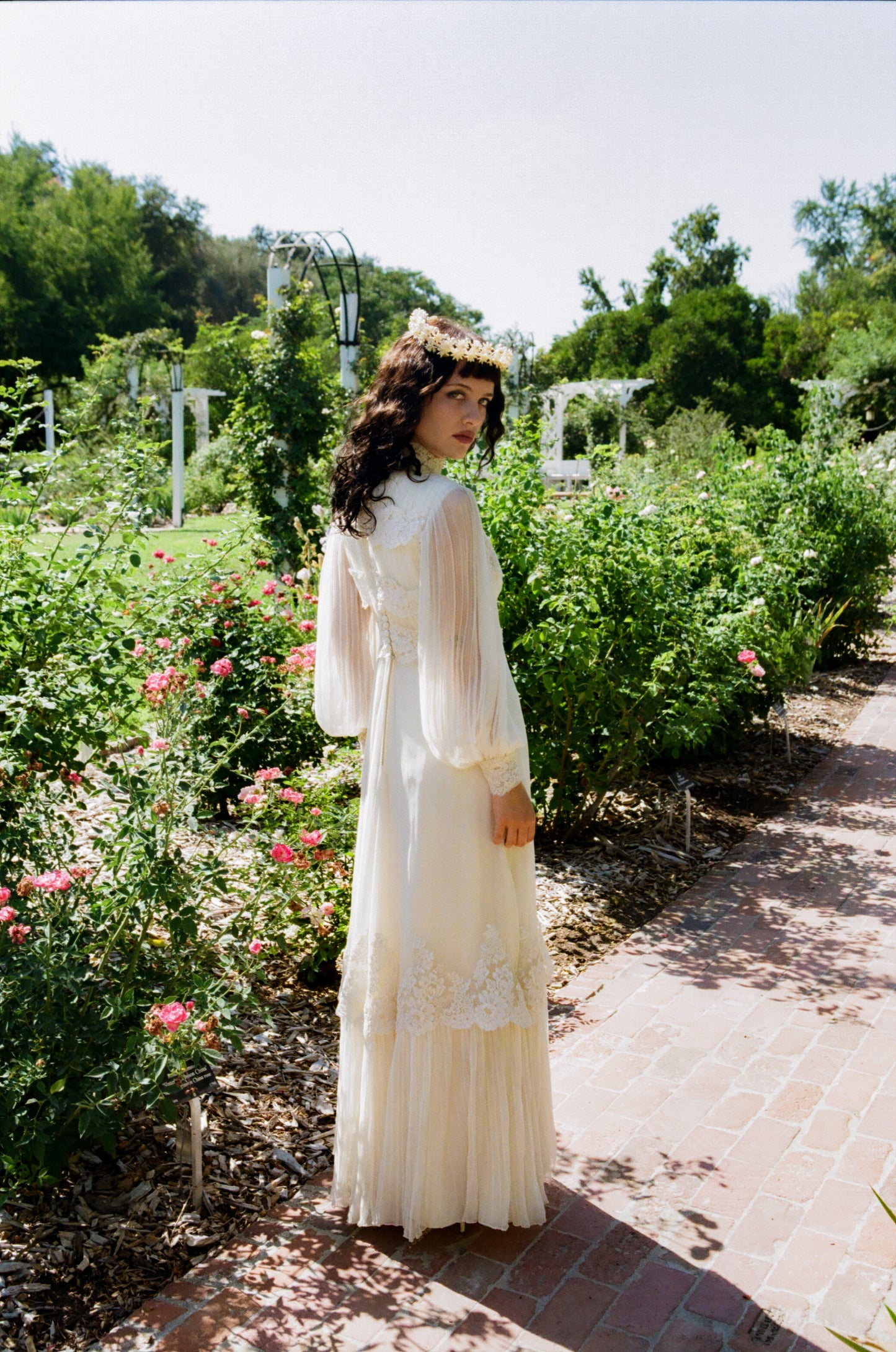Whimsical Vintage 1970's Victorian Inspired Silk Chiffon Alencon Lace Bridal Dress in Alabaster
