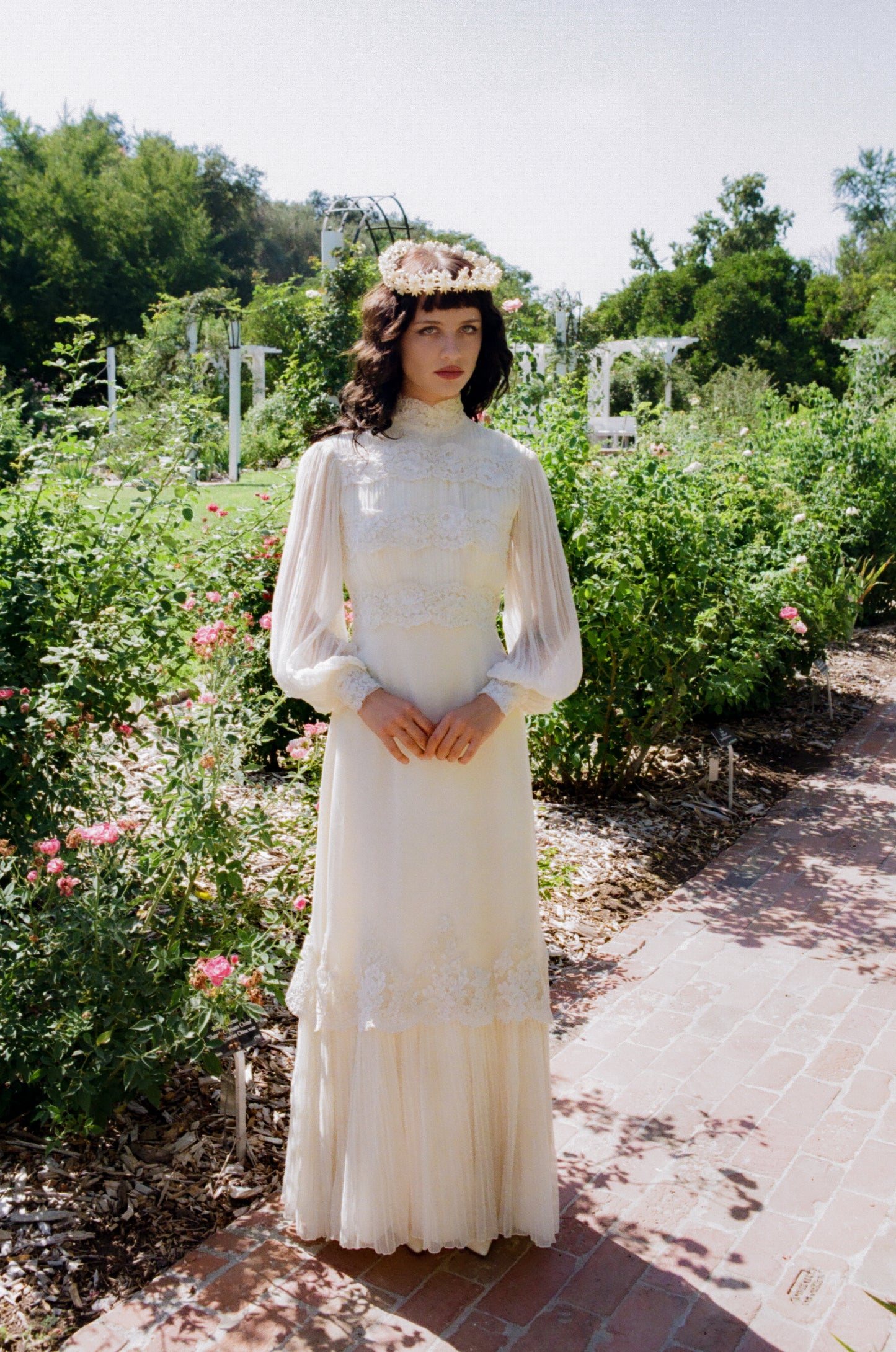 Whimsical Vintage 1970's Victorian Inspired Silk Chiffon Alencon Lace Bridal Dress in Alabaster
