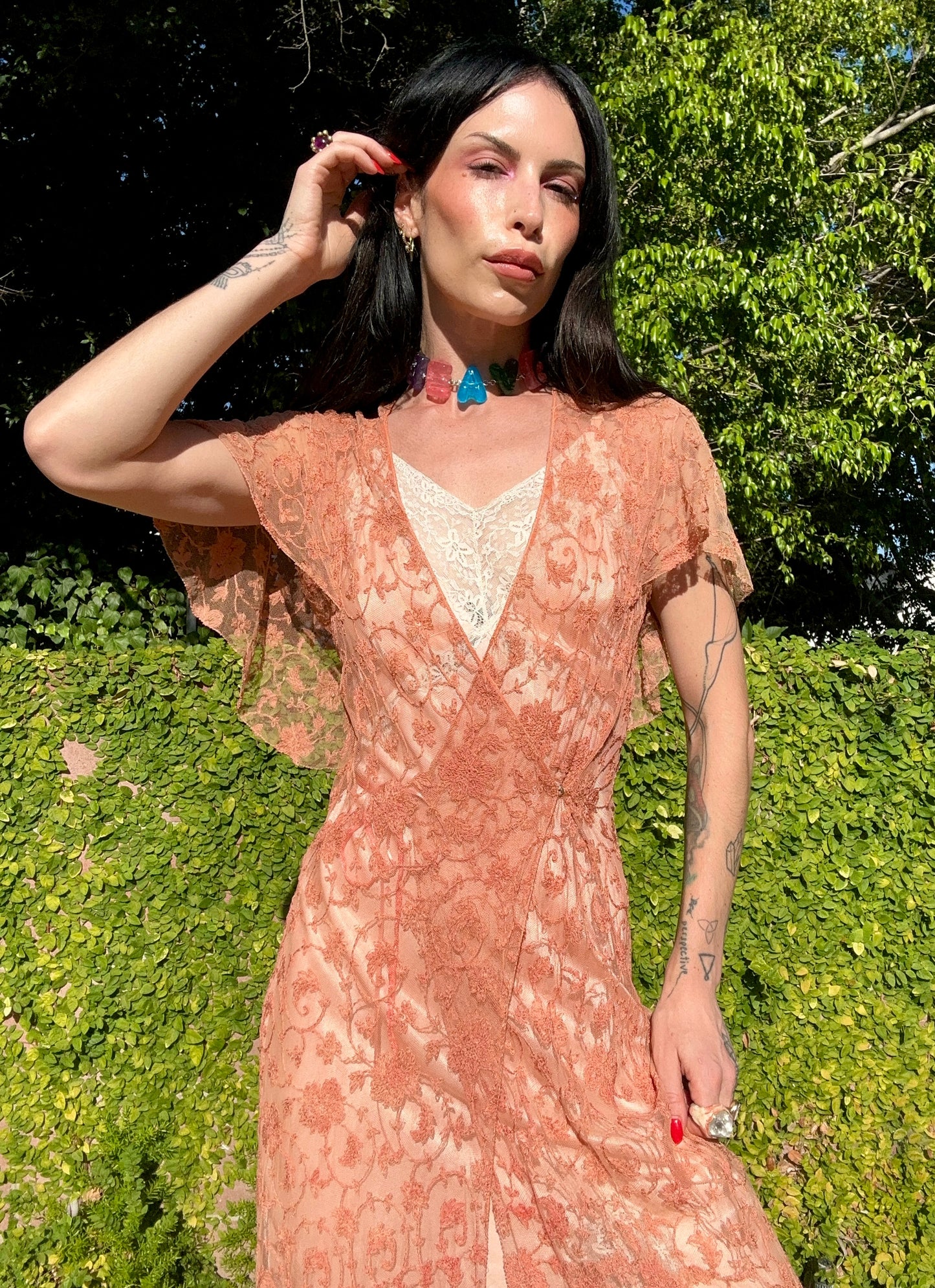 Chic Antique 1930's Floral Lace Wrap Dress in Blush