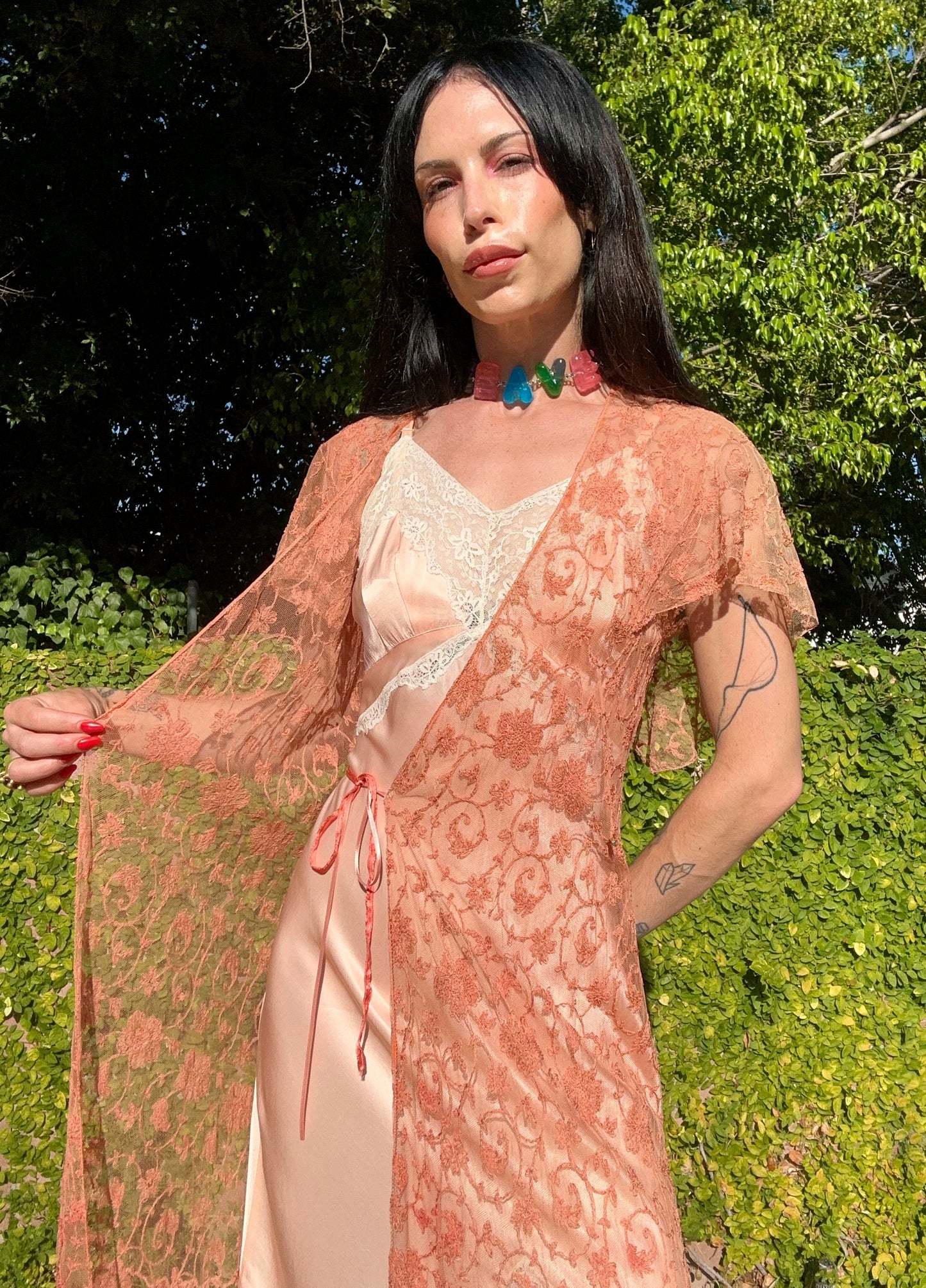 Chic Antique 1930's Floral Lace Wrap Dress in Blush