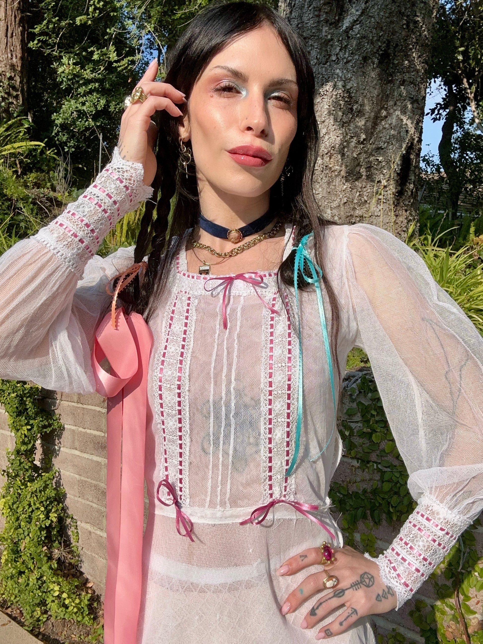 Antique Edwardian c. 1910's Silk Net and Lace Wedding Dress with Pink sacredgardenvintage Antique Edwardian c. 1910's Silk Net and Lace Wedding Dress with Pink sacredgardenvintage