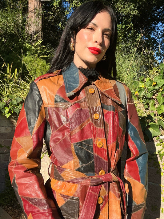 Stunning Genuine Leather Vintage 1970's Patchwork Belted Jacket/Coat