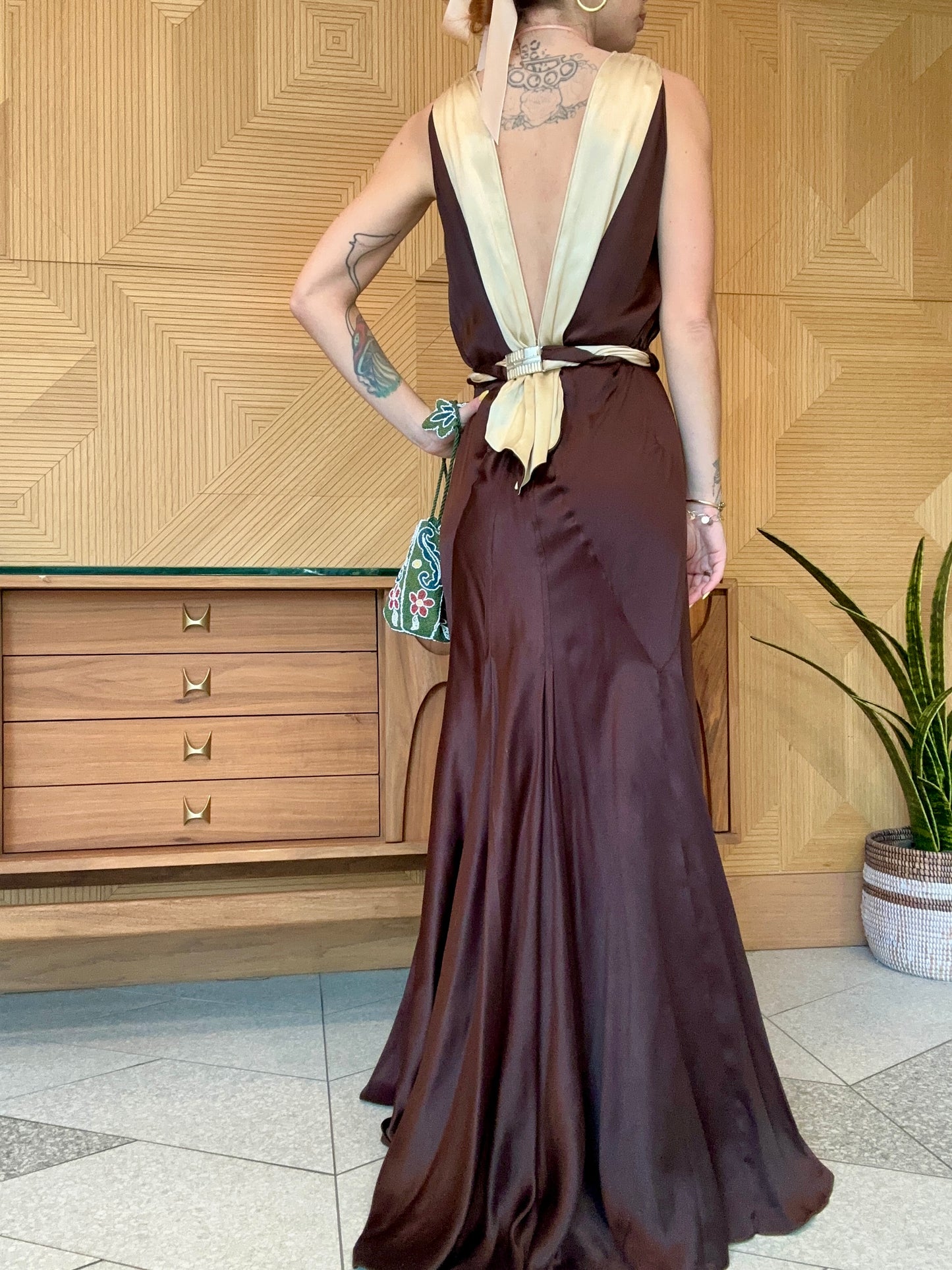 Antique Elegant 1930's Bias Cut Art Deco Silk Charmeuse Backless Evening Gown