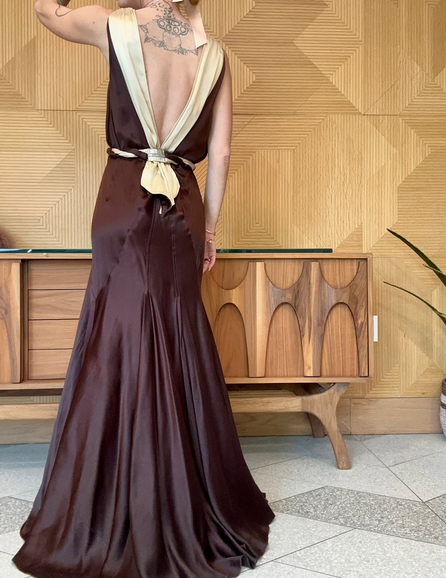 Antique Elegant 1930's Bias Cut Art Deco Silk Charmeuse Backless Evening Gown