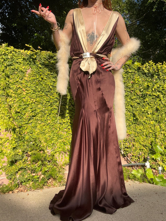 Antique Elegant 1930's Bias Cut Art Deco Silk Charmeuse Backless Evening Gown