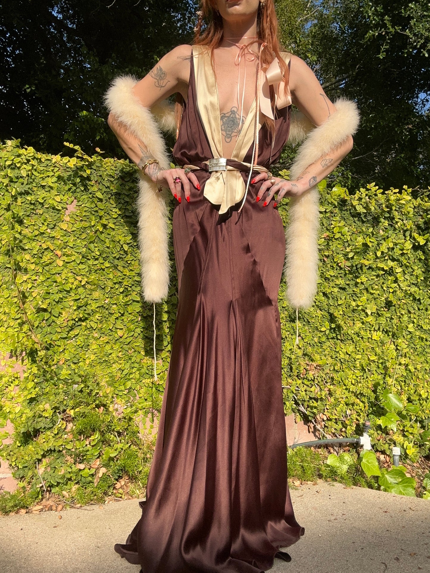 Antique Elegant 1930's Bias Cut Art Deco Silk Charmeuse Backless Evening Gown