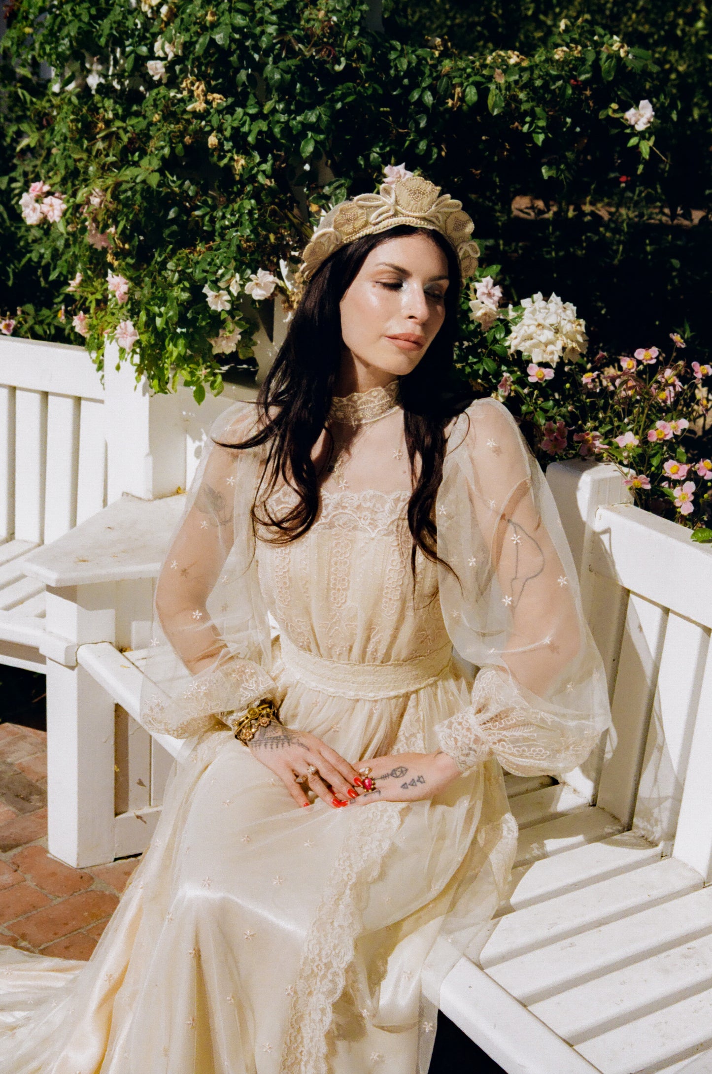 One-of-One Vintage 1970's Ecru Lace and Netting Wedding Gown With A Cascading Train