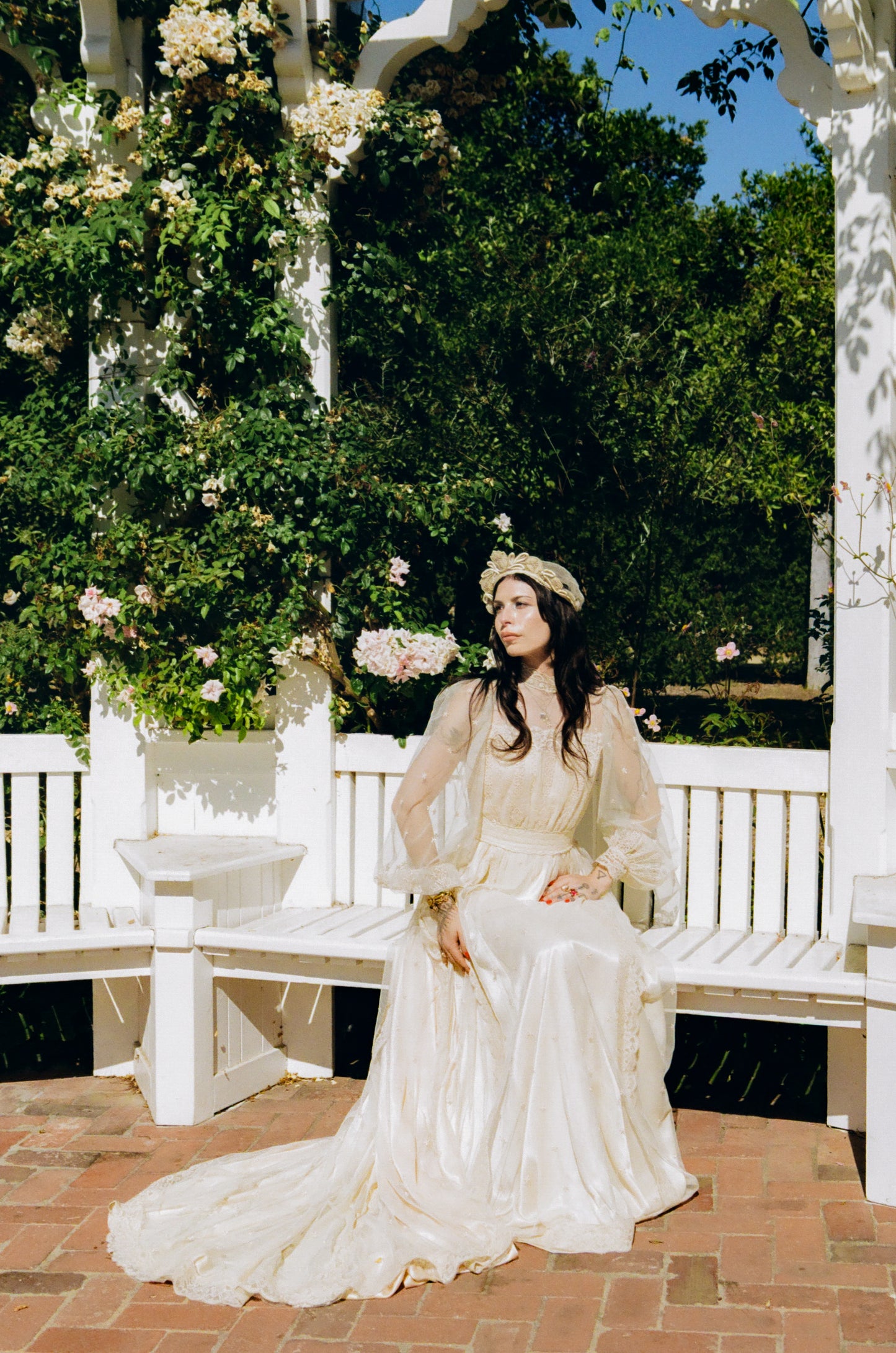 One-of-One Vintage 1970's Ecru Lace and Netting Wedding Gown With A Cascading Train
