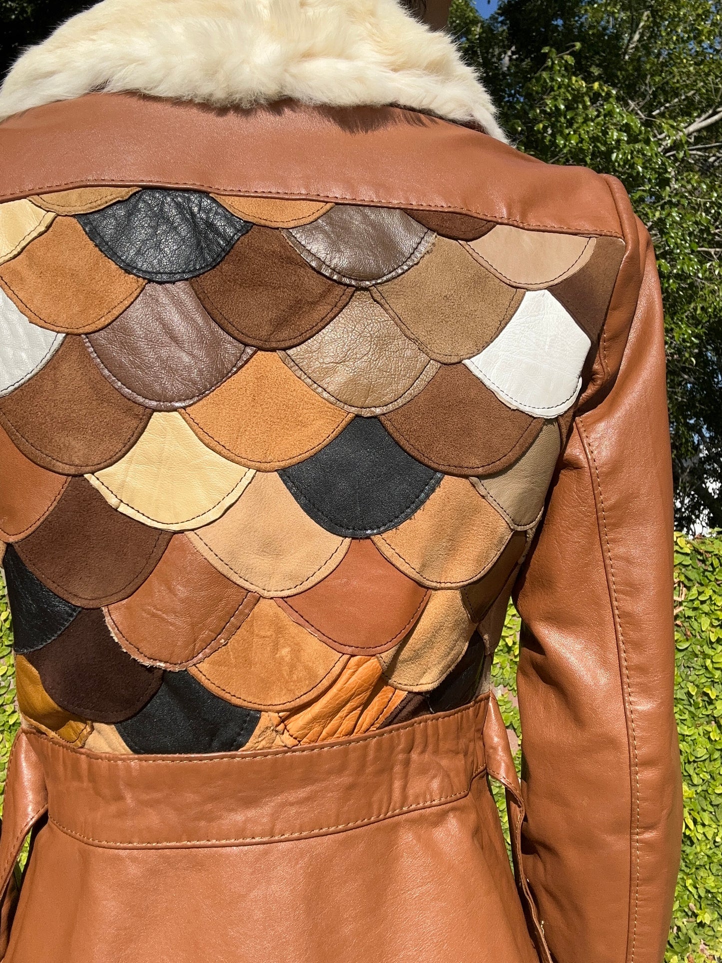 Genuine Leather Rare 1970's Scalloped Fish Scale Belted Jacket