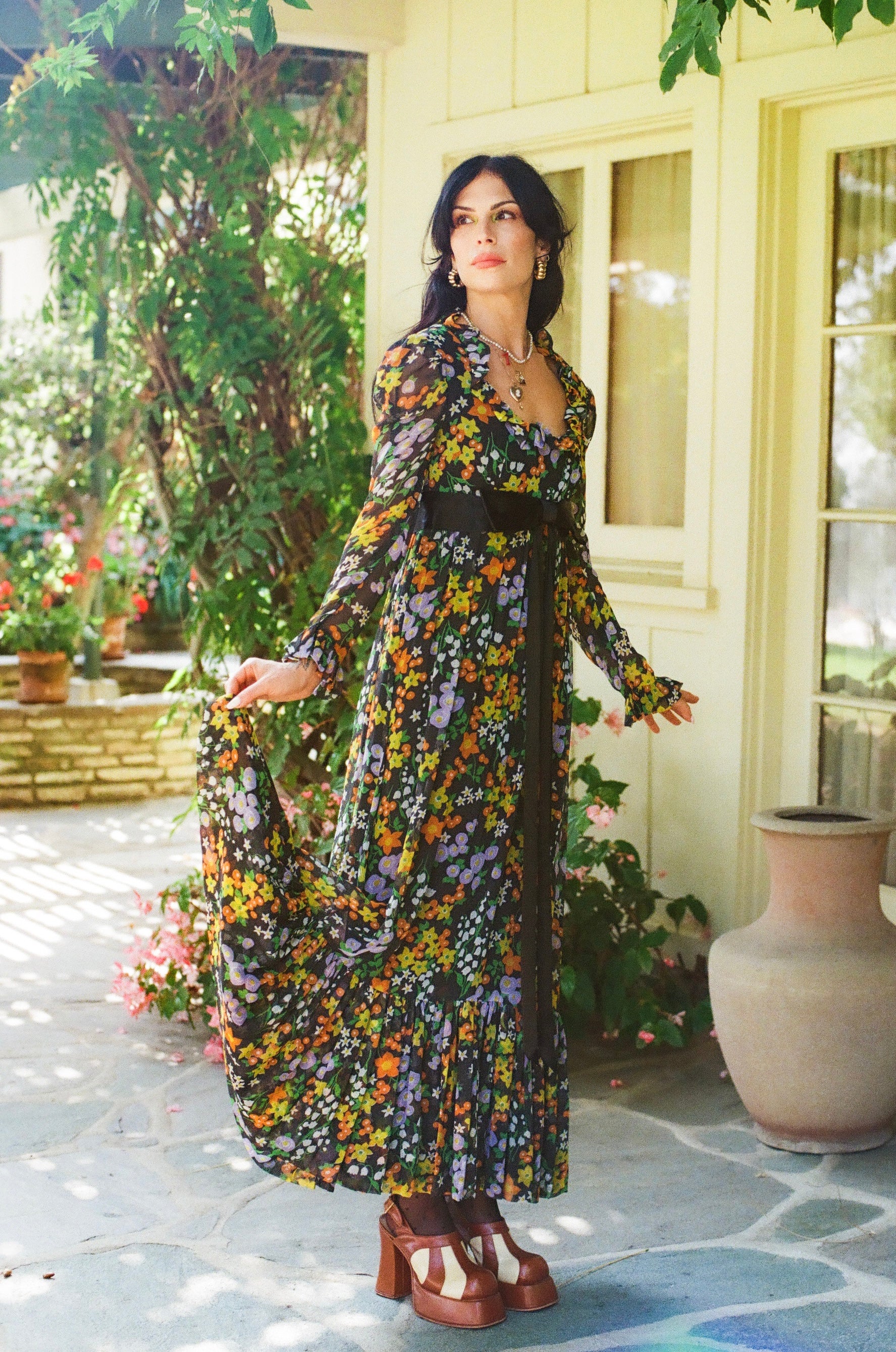 Vintage 1970's Floral Chiffon Prairie Style Maxi Dress Vintage 1970's Floral Chiffon Prairie Style Maxi Dress