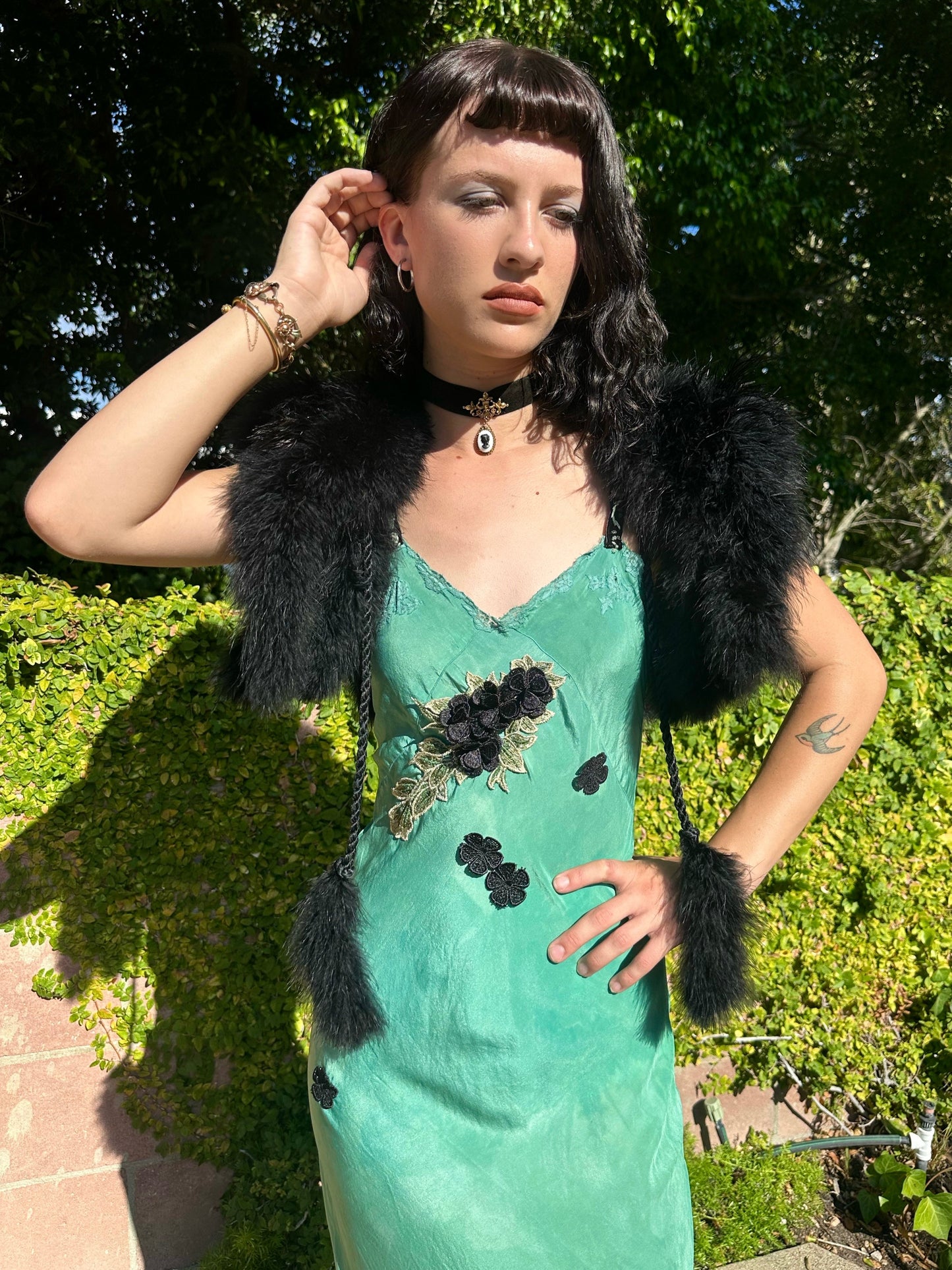 Antique 1940's Teal Green Silk Dress with Black Appliqué Flowers - One of One