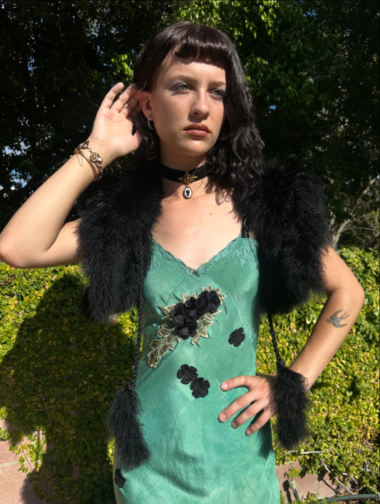 Antique 1940's Teal Green Silk Dress with Black Appliqué Flowers - One of One