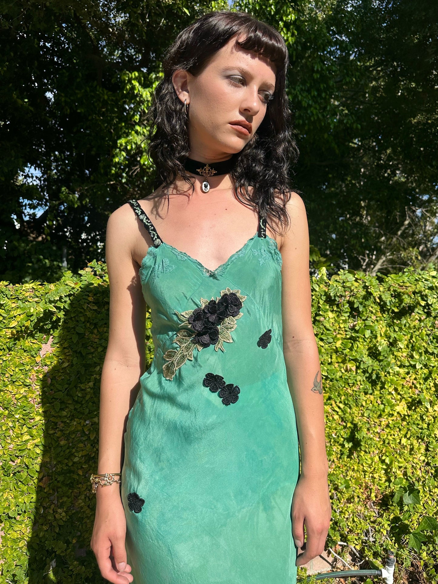 Antique 1940's Teal Green Silk Dress with Black Appliqué Flowers - One of One