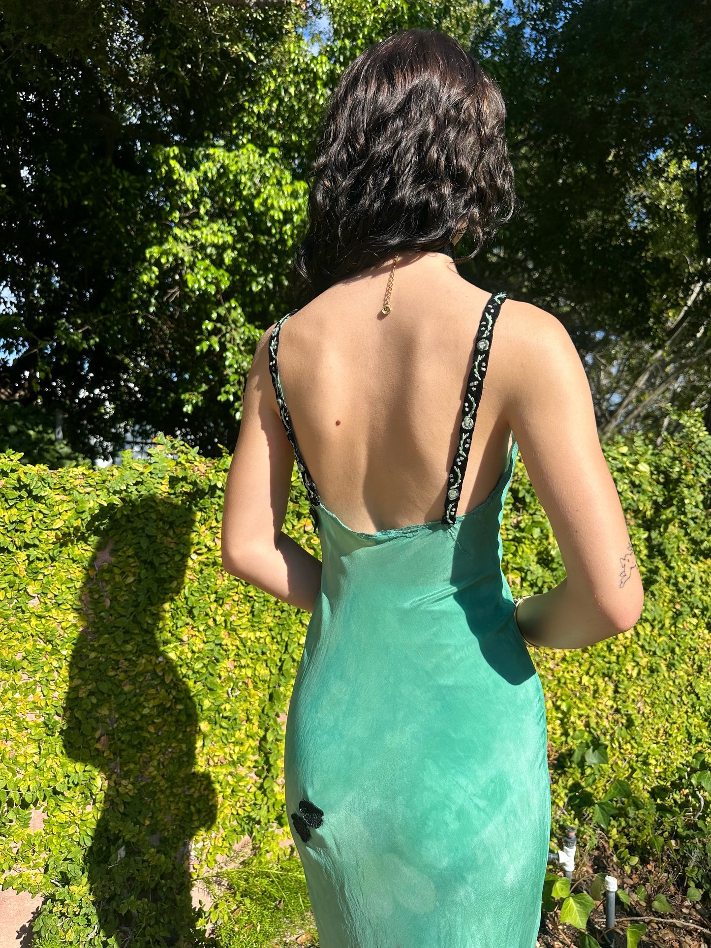 Antique 1940's Teal Green Silk Dress with Black Appliqué Flowers - One of One