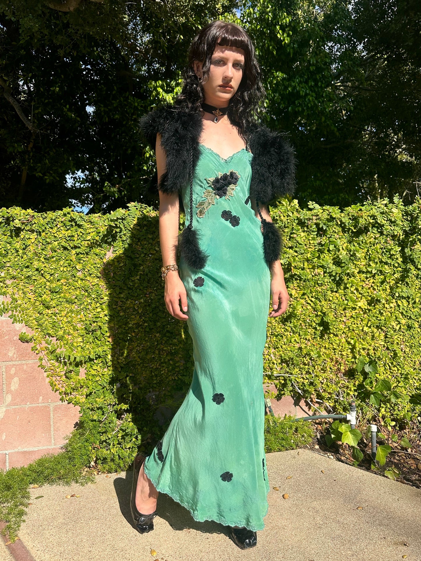 Antique 1940's Teal Green Silk Dress with Black Appliqué Flowers - One of One