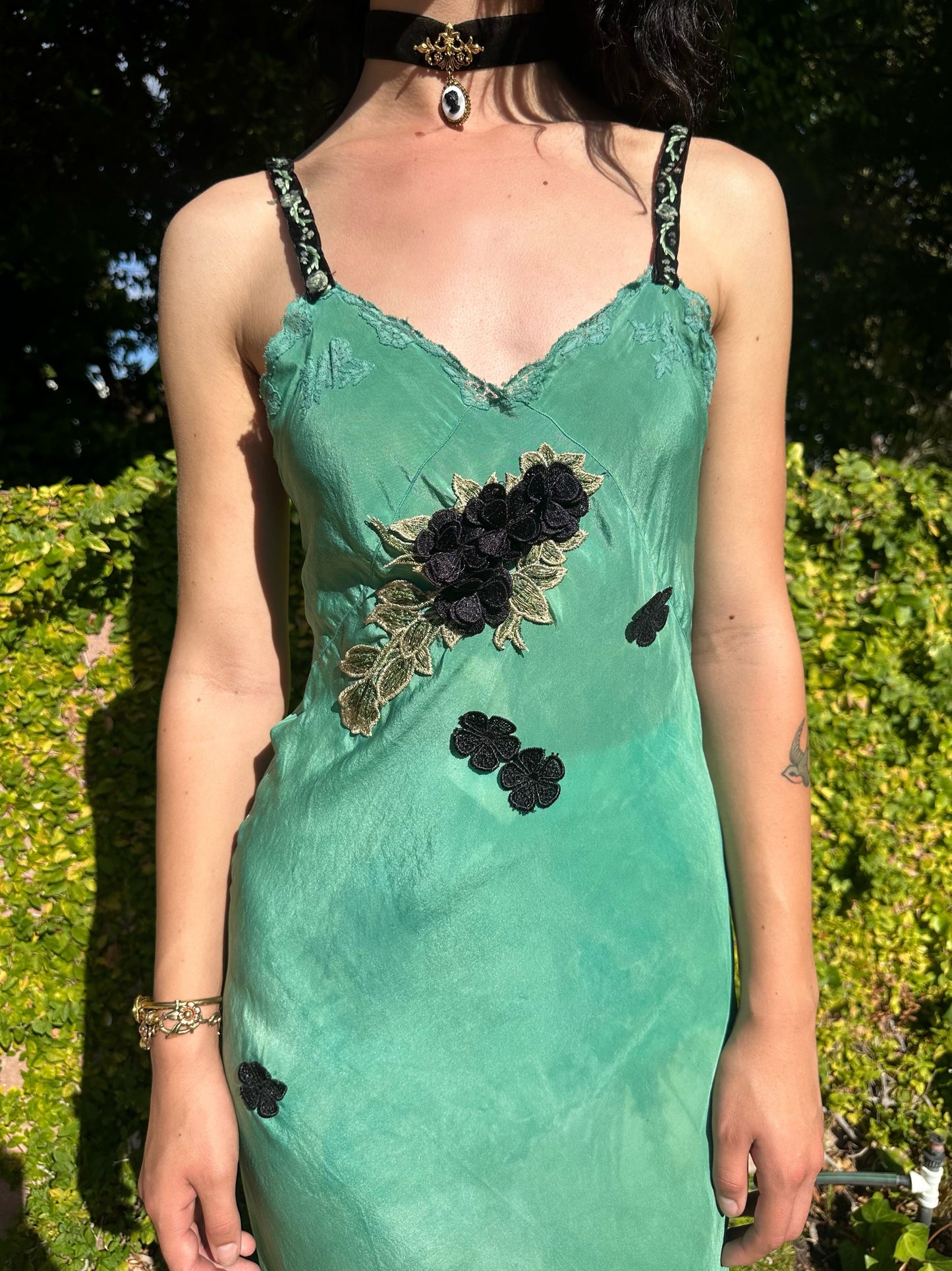 Antique 1940's Teal Green Silk Dress with Black Appliqué Flowers - One of One