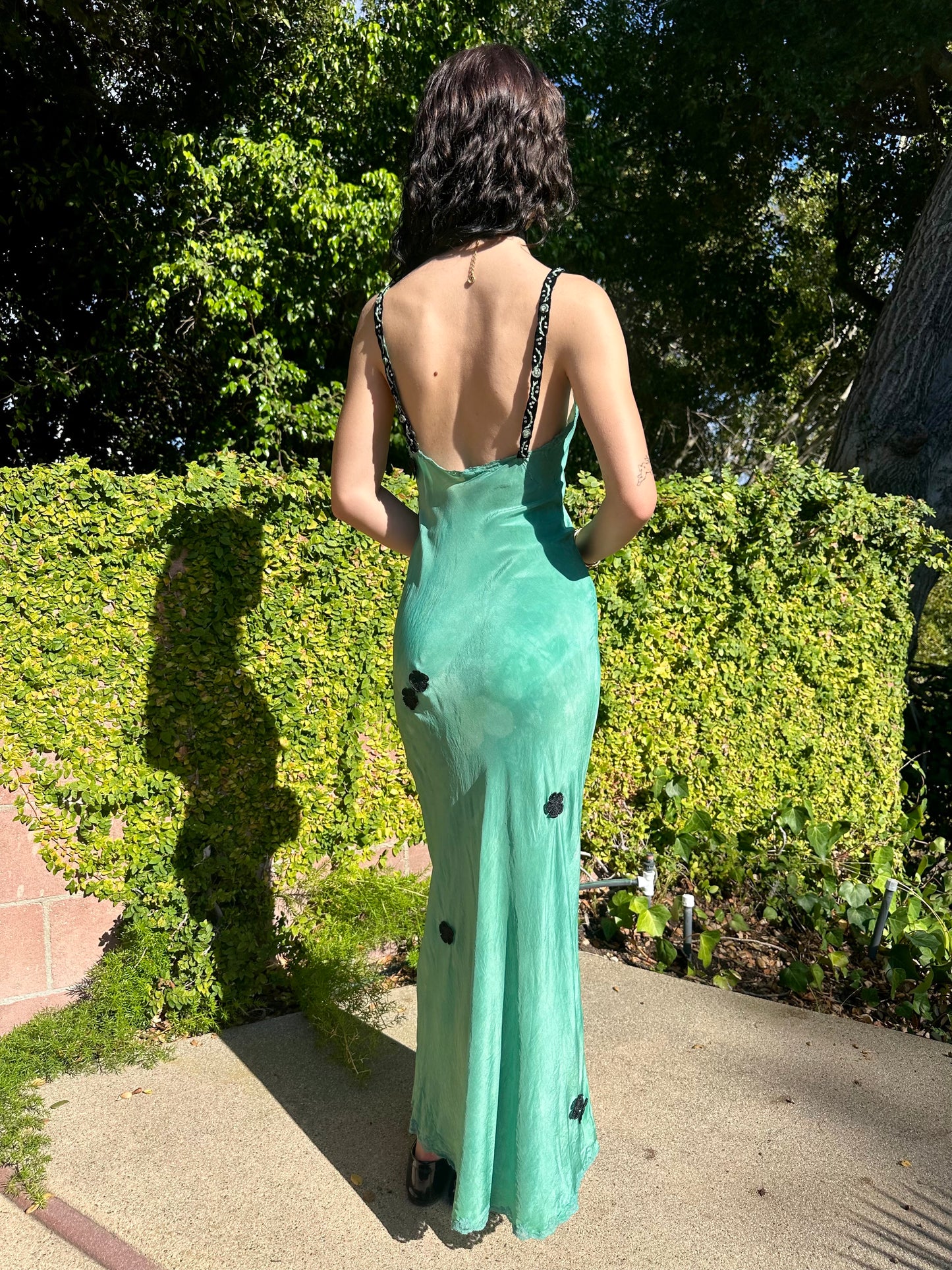 Antique 1940's Teal Green Silk Dress with Black Appliqué Flowers - One of One