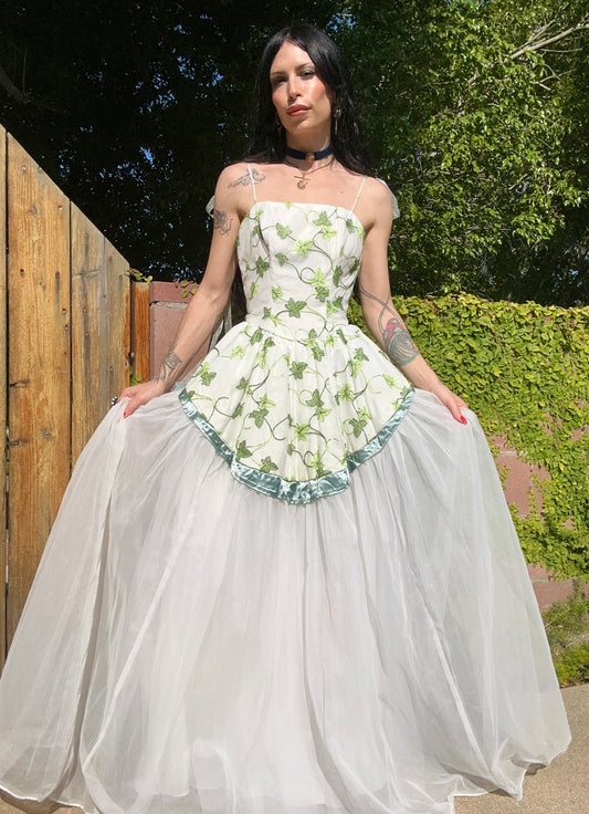 Ethereal Vintage 1950's White and Green Chiffon Garden Gown