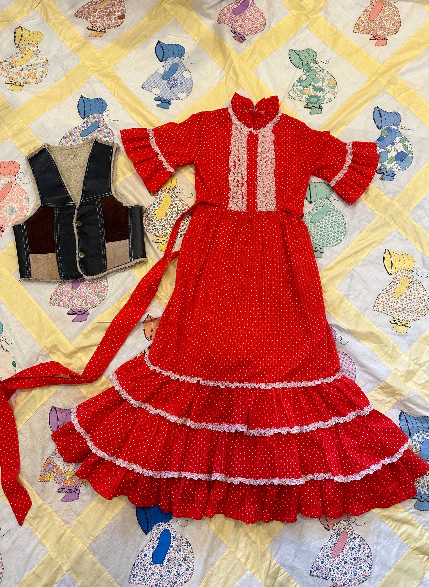 Special Bundle Listing for Eleanor - 1970's Victorian Style Dress / 1970's Prairie Dress in Red / 1970's Suede Patchwork Vest