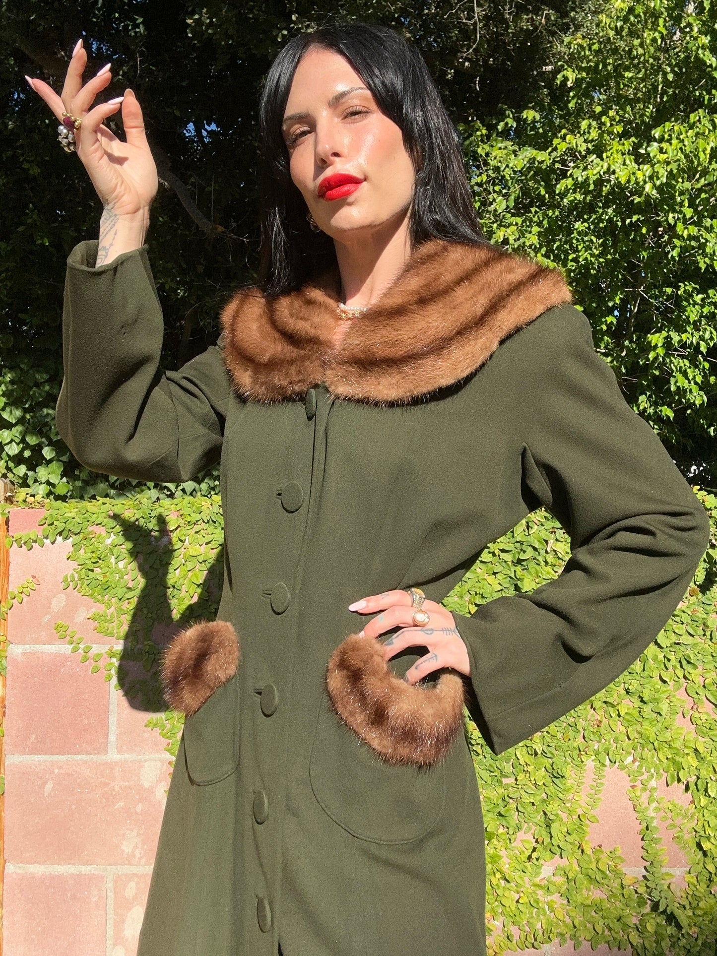 Elegant Antique 1940's Wool Forrest Green Coat with Mink Fur Collar