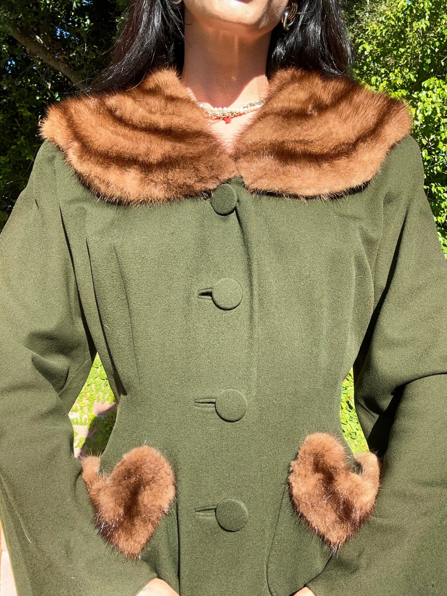 Elegant Antique 1940's Wool Forrest Green Coat with Mink Fur Collar