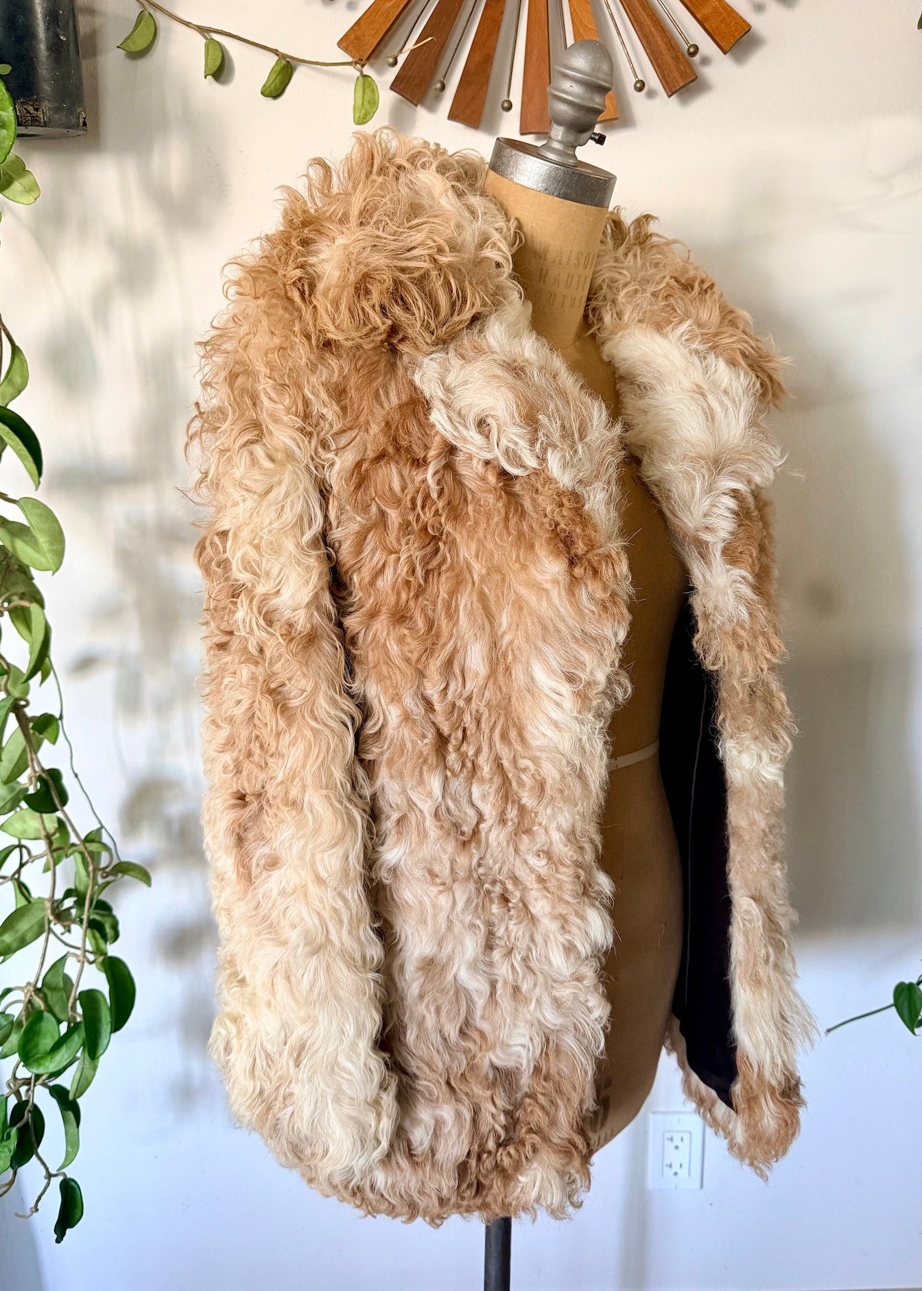 1970's Mongolian curly fur coat in Beige and brown on a mannequin with a neutral background