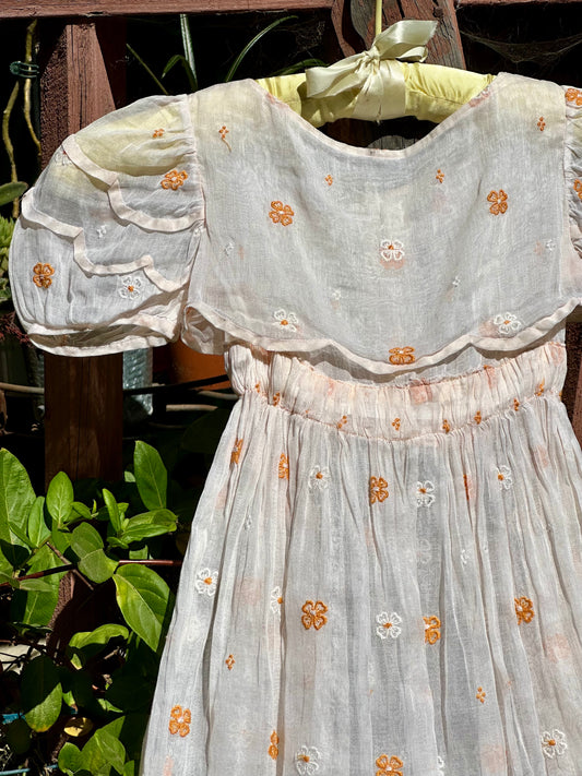 Antique Organdy Girls Dress with Scattered Embroidered Flowers - 4T/5T