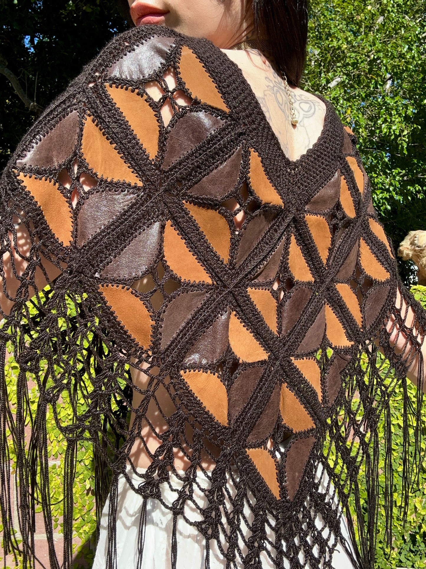 Vintage 1970's Brown Leather and Suede Triangle Patchwork Poncho with Fringe