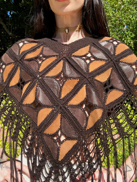 Vintage 1970's Brown Leather and Suede Triangle Patchwork Poncho with Fringe
