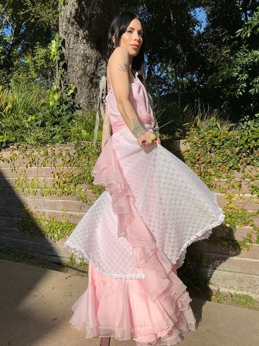 Vintage 1970's Baby Pink Chiffon and Cotton Eyelet Maxi Dress