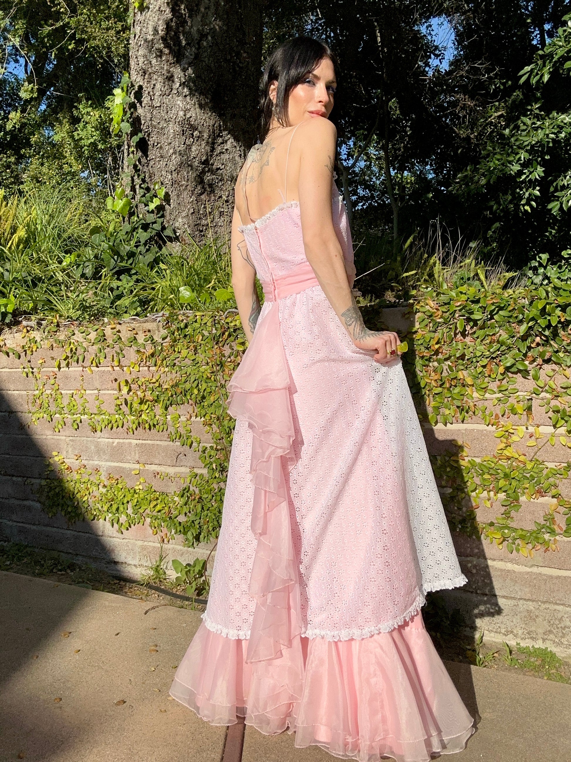Vintage 1970's Baby Pink Chiffon and Cotton Eyelet Maxi Dress sacredgardenvintage Vintage 1970's Baby Pink Chiffon and Cotton Eyelet Maxi Dress sacredgardenvintage